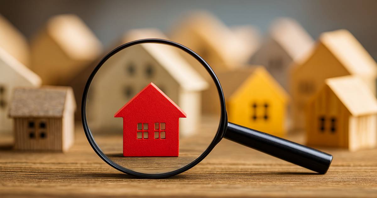 vergrootglas dat inzoemt op een rood huis